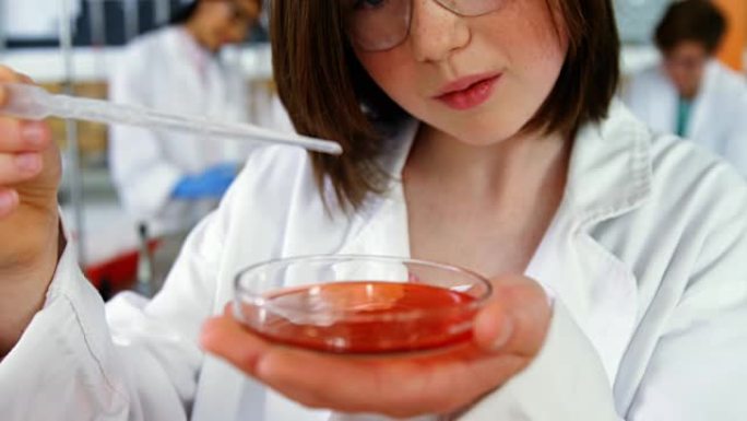 女学生在学校的实验室中进行化学实验