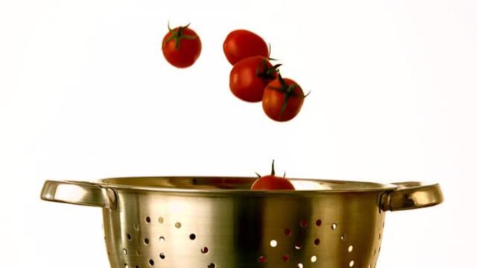 樱桃番茄落入白色背景的漏勺中