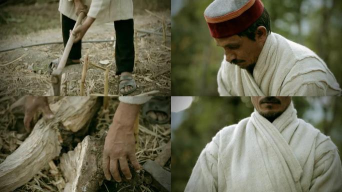 真实的印度农村人：用斧头砍柴的人。