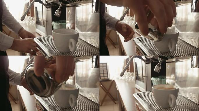 咖啡师在咖啡机中制作拿铁卡布奇诺咖啡