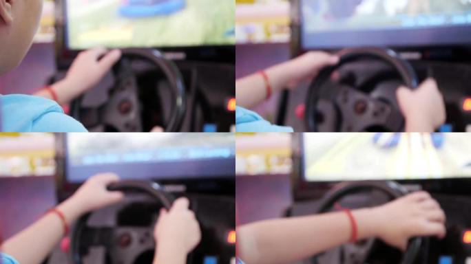 快乐男孩玩一些电脑游戏，同时驾驶一辆未来主义的跑车。