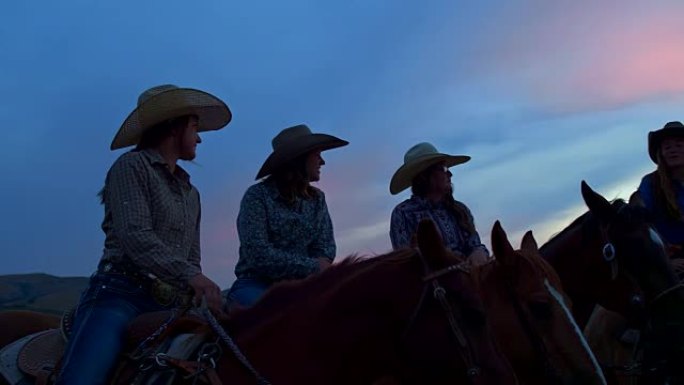 牛仔女郎在黄昏时在田野里谈论骑马的实时视频