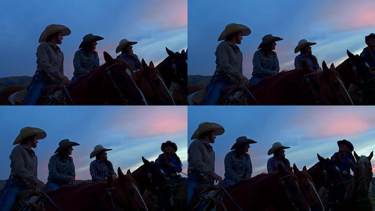 牛仔女郎在黄昏时在田野里谈论骑马的实时视频