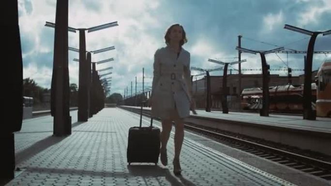 带着行李穿过火车站的女人的镜头