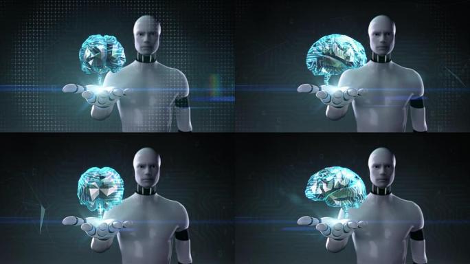机器人打开手掌，人形，扫描大脑。X射线视图