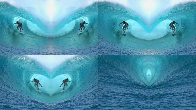 慢动作: 冲浪者在形状像心脏的大管内冲浪