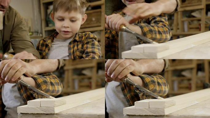 父亲向儿子展示如何雕刻木材