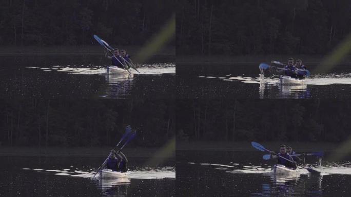 Summer relaxing activity. Young man kayaking on th