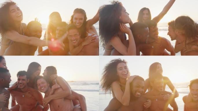 一群朋友在海滩度假时一起摆姿势自拍