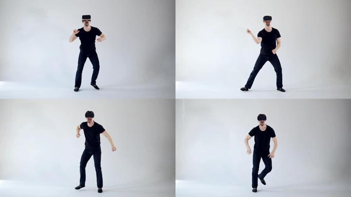 年轻人戴着虚拟现实头盔跳舞。
