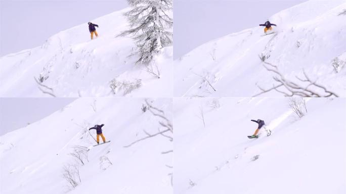 慢动作: 滑雪者跳过悬崖