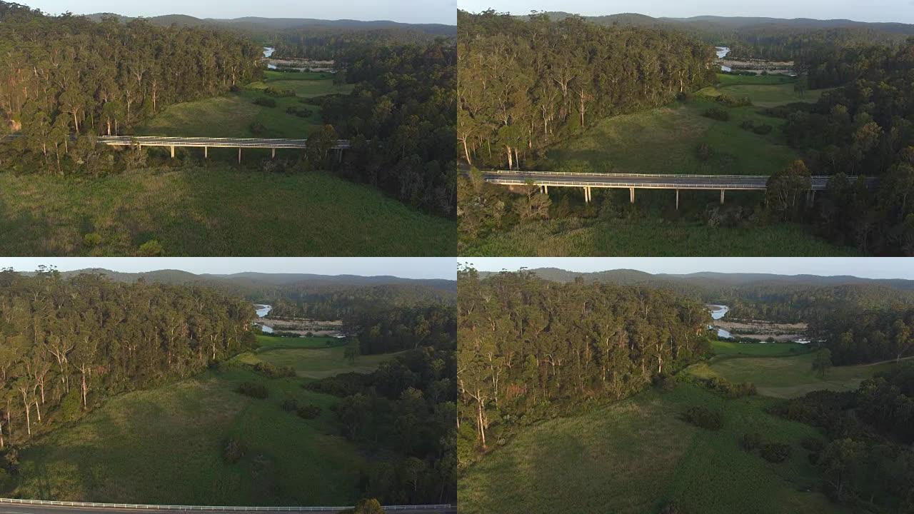 空中: 在通往广阔绿色沼泽景观的桥路上方飞行