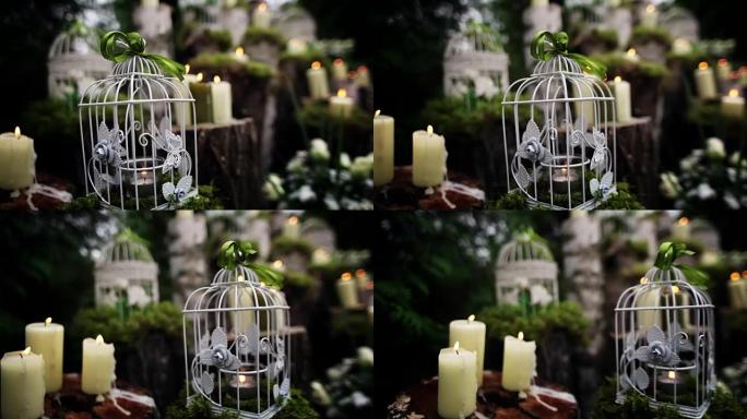 美丽的婚礼装饰，蜡烛，桦木