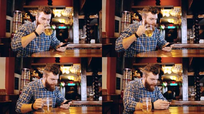 DS MS Hipster带着智能手机在酒吧里喝啤酒