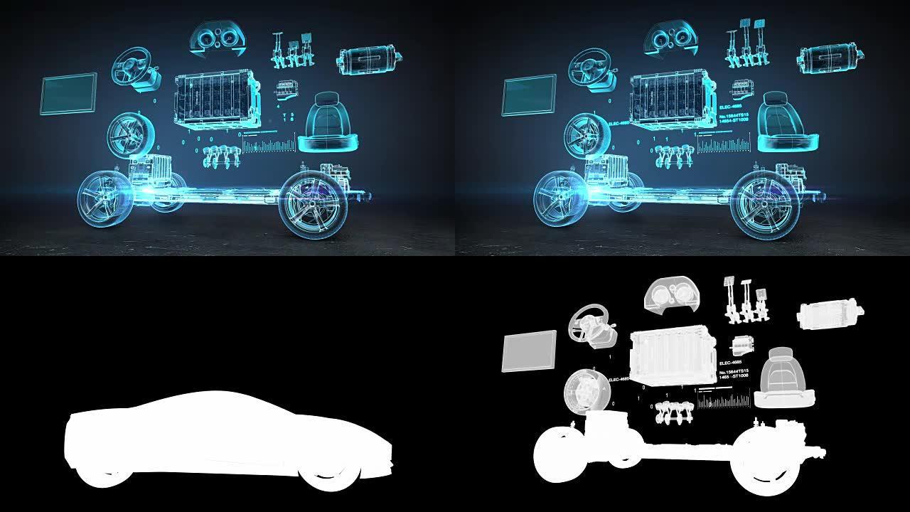 拆解车、电子、锂离子电池回声车。给汽车电池充电。环保未来汽车。发动机，安全座椅，面板，导航，踏板，x