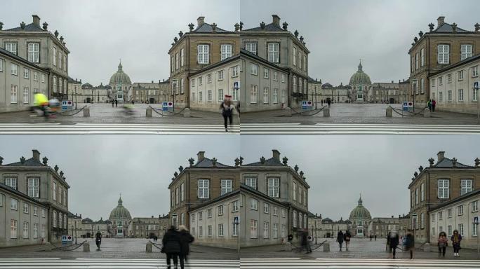 丹麦哥本哈根阿马林堡镇广场弗雷德里克教堂的延时摄影