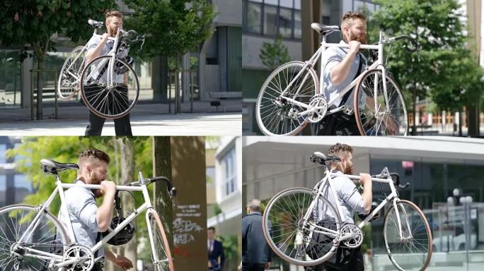 潘潮人在城市里背着自行车