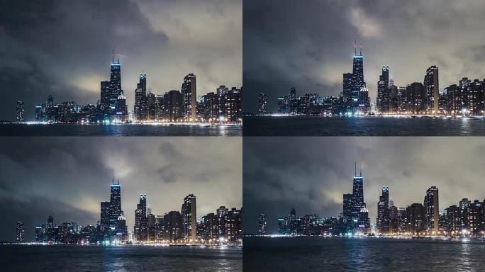 T/L MS TD芝加哥城市天际线在夜间下雨