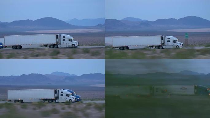 特写: 货运半卡车在空旷的高速公路上驾驶和运输货物