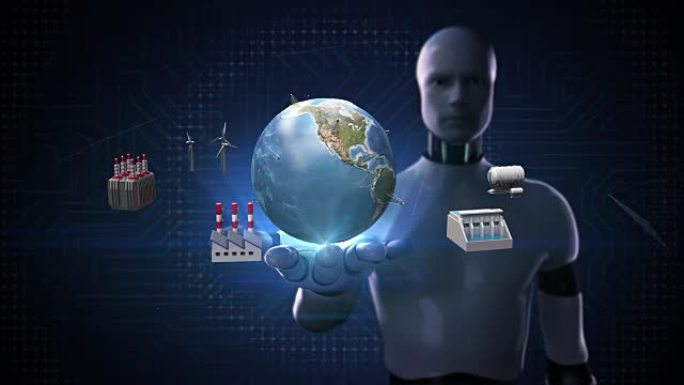 机器人，机器人开放棕榈，智能工厂，太阳能电池板，风力发电机，水力发电连接全球地球，物联网。