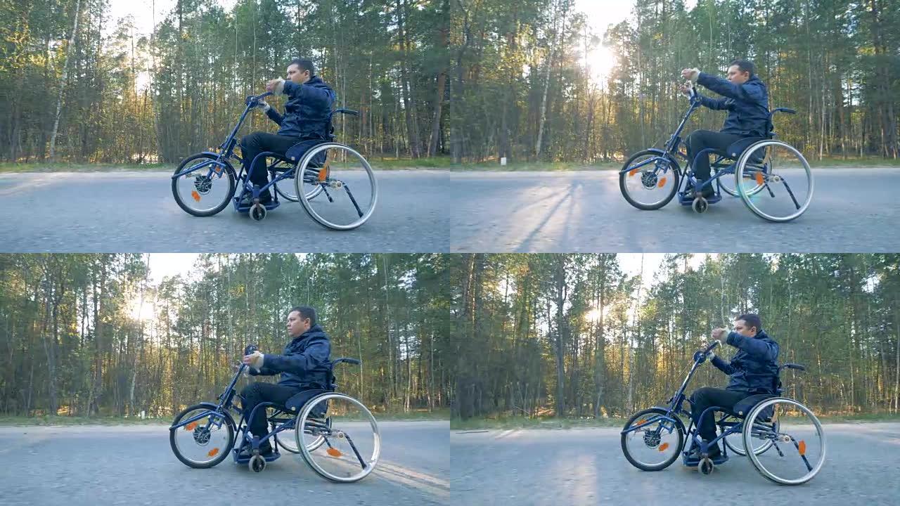瘫痪病人骑专用医疗自行车，侧视。