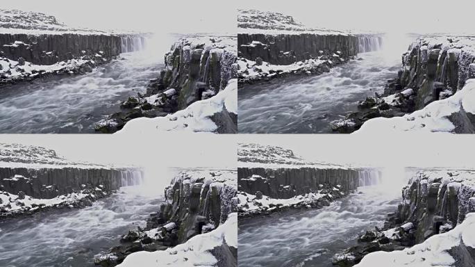 冬季下雪的延时冰岛Selfoss瀑布