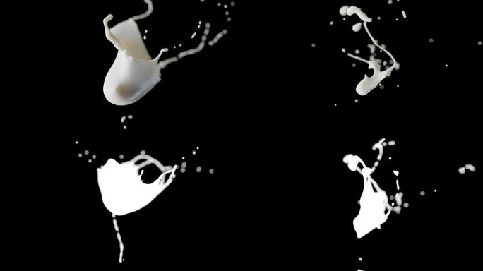 两个牛奶滴碰撞飞溅在黑色背景上的Cg动画。。
