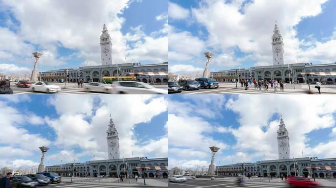 美国加利福尼亚州旧金山市中心Embarcadero的延时人群行人游客和缆车