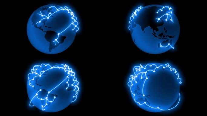 全球网络蓝色在地球上生长。技术概念3d动画。孤立在黑色背景上。高清1080。