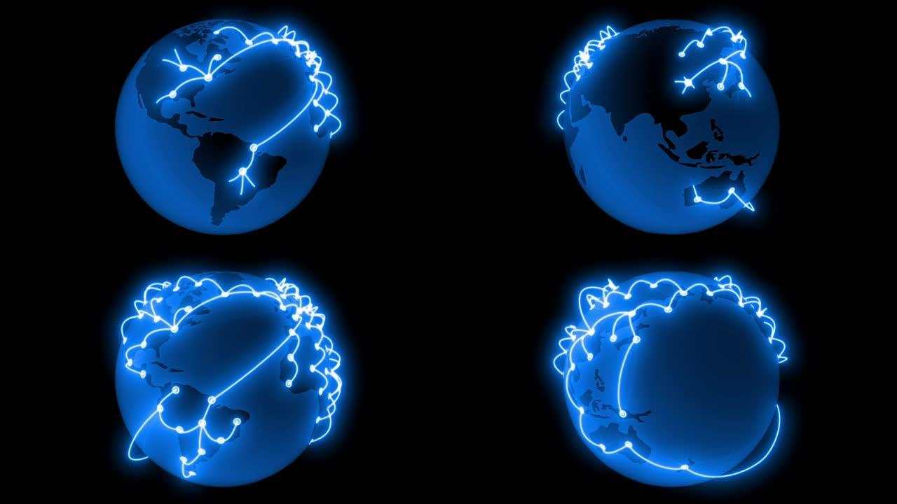 全球网络蓝色在地球上生长。技术概念3d动画。孤立在黑色背景上。高清1080。