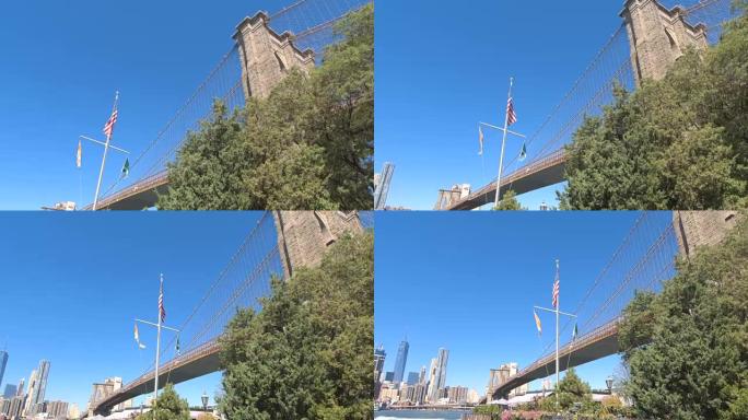特写: 布鲁克林大桥从东河通往纽约市中心