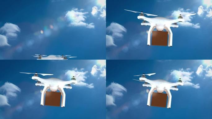 无人机的数字图像拿着纸板箱飞行