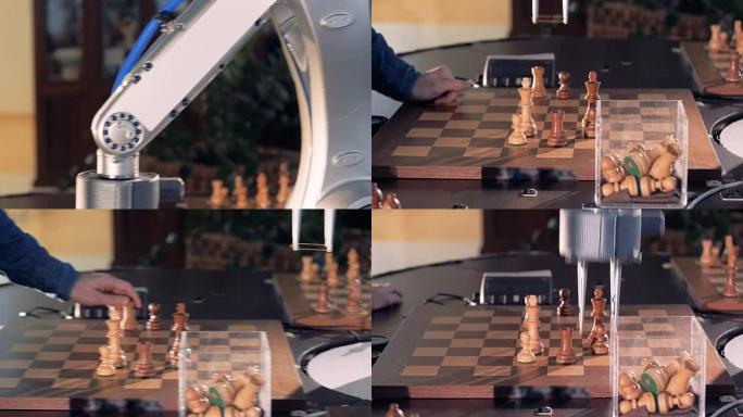 机器人和一个男人下棋。手机械手移动国际象棋并按下控制表的键。4K。