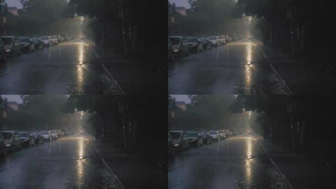 在暴风雨中建立夜间街道的镜头。