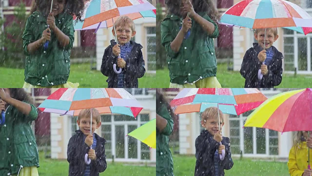 快乐的孩子在雨中跳跃