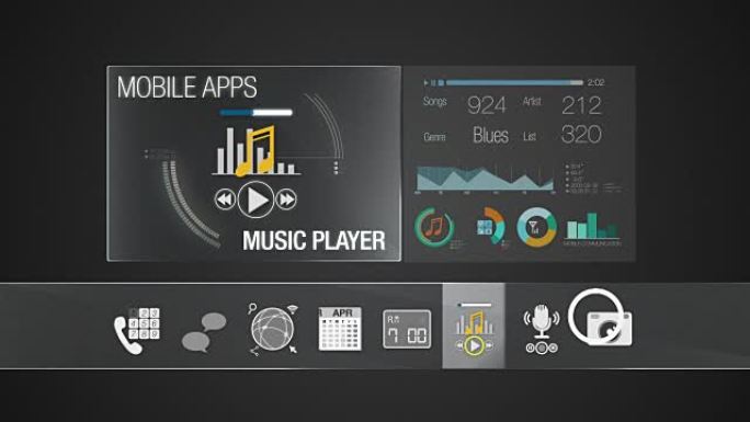 移动应用程序内容的播放器图标。智能设备的各种应用程序功能。数字显示应用程序。