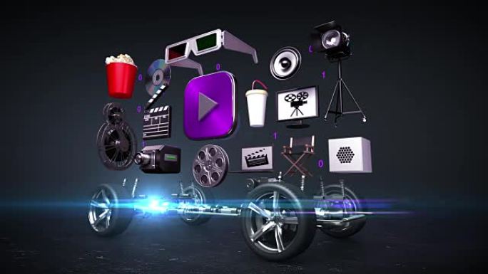 拆解汽车，汽车视频娱乐系统，电影，戏剧，vod，未来汽车技术。黑色背景。