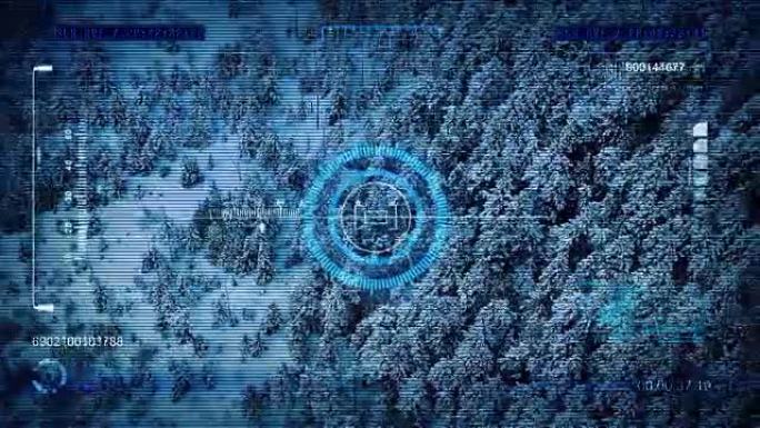 无人机HUD显示器飞越冬季森林