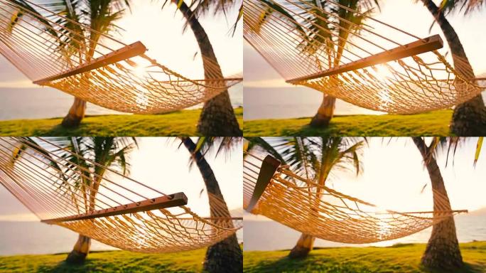 日落时的吊床和棕榈树华丽的太阳耀斑。