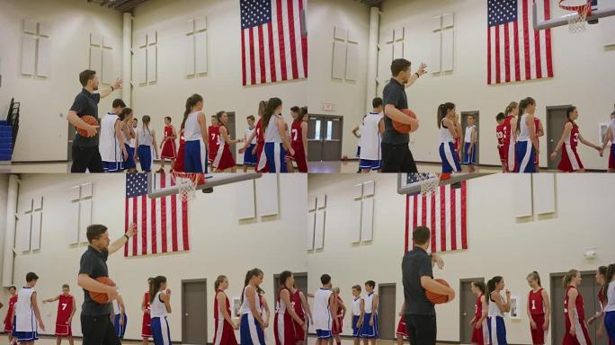 教练在篮球练习中指导他的同队