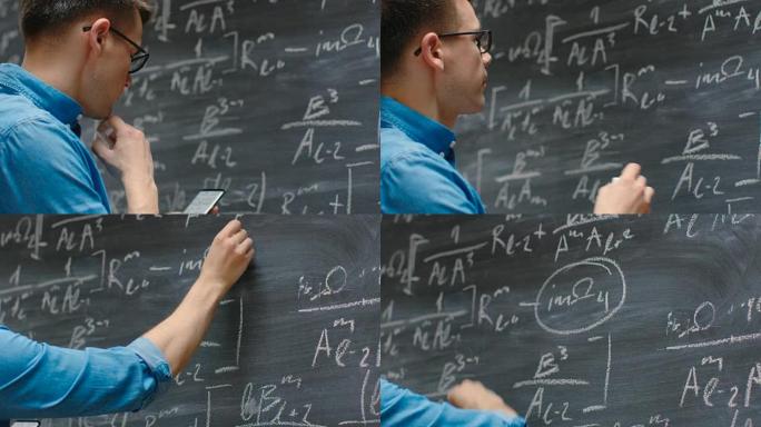 才华横溢的年轻数学家在黑板上写下又长又复杂的数学方程/公式。