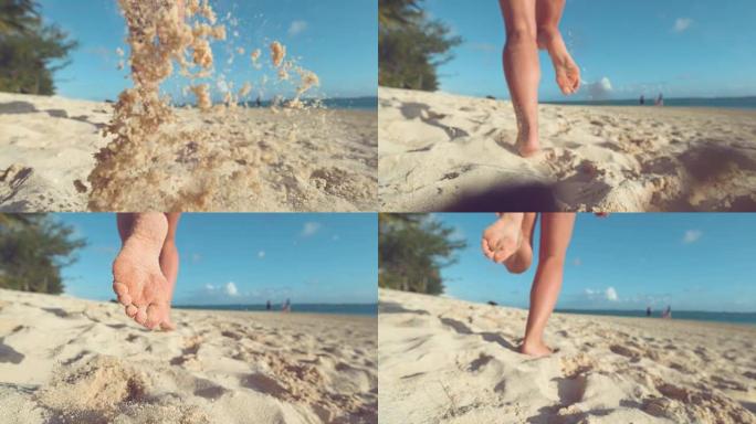 特写: 无法辨认的女人在海滩上慢跑时，沙粒在空中飞舞