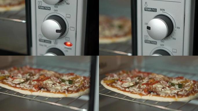 烤箱按钮和自制比萨饼的照片。