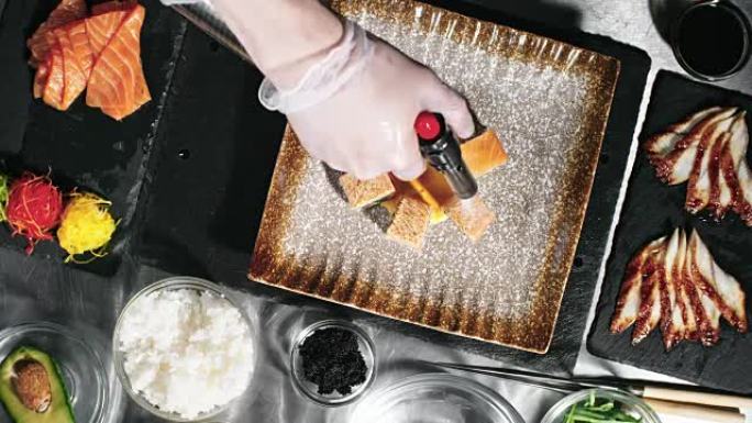 烹饪电镀寿司卷的快速运动