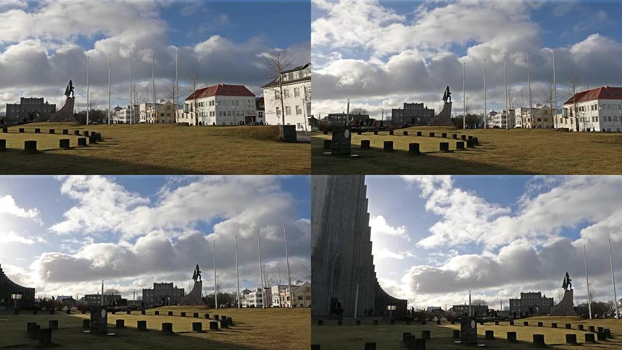 平移镜头: 冰岛雷克雅未克的Hallgrimskirkja大教堂