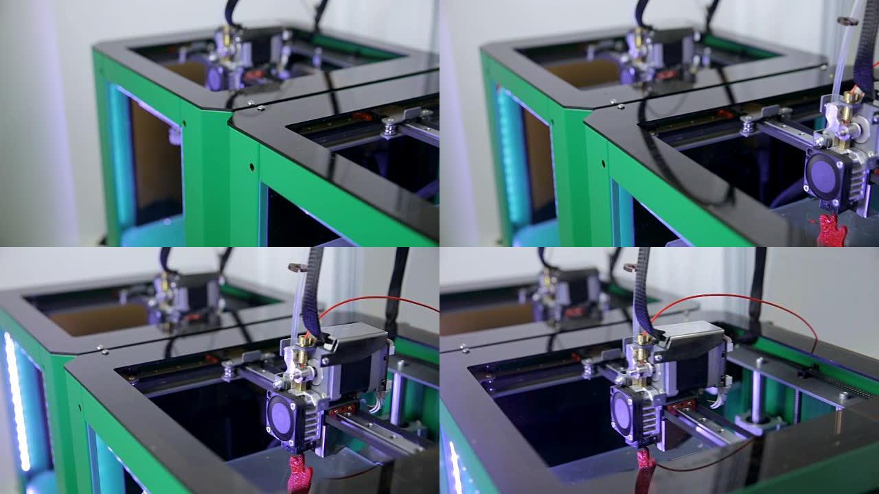 几台3D打印机工作用塑料丝打印塑料模型