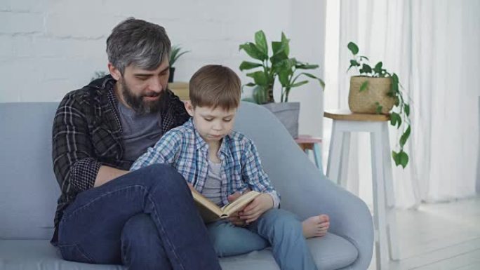 慈爱的父亲在教他的小孩认真的学龄前儿童坐在沙发上读书。可见绿色植物、现代家具和白色窗帘。