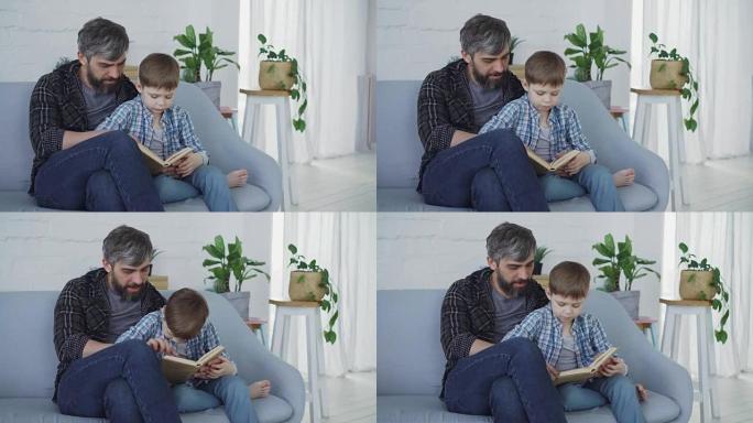 慈爱的父亲在教他的小孩认真的学龄前儿童坐在沙发上读书。可见绿色植物、现代家具和白色窗帘。