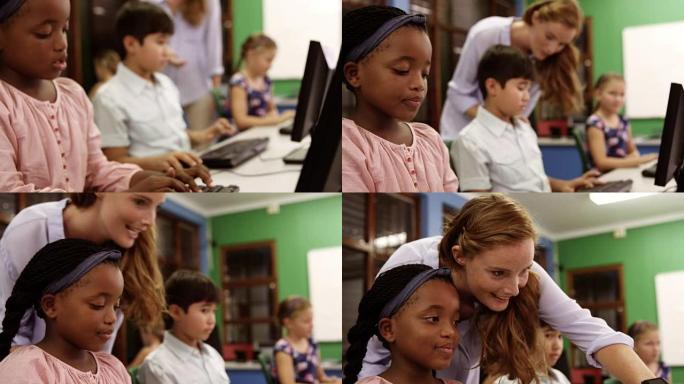 老师在教室里用个人电脑协助学童