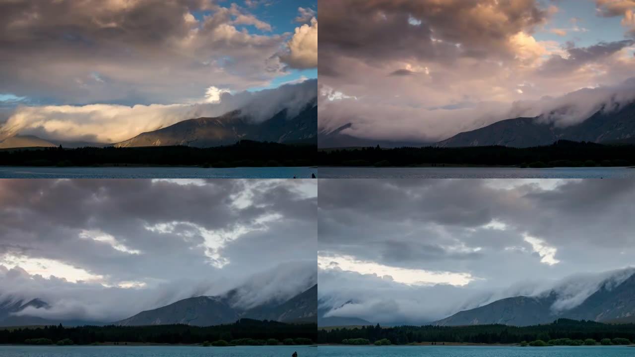 在新西兰坎特伯雷的Tekapo湖上，云层流过的时间流逝